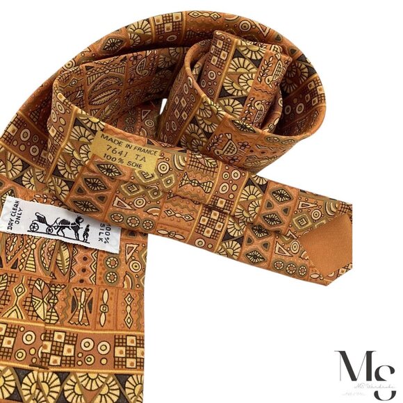 HERMES PARIS 7641 TA Orange Heiroglyphics Pattern Silk Tie France W: 3.5" E.C - Picture 5 of 7